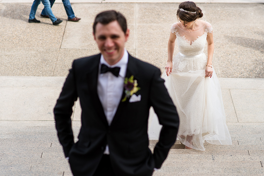 Bride and groom's first look at Franklin Institute.