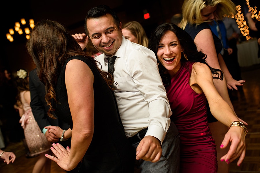 Wedding guests dance at reception Bear Creek in Macungie, PA.